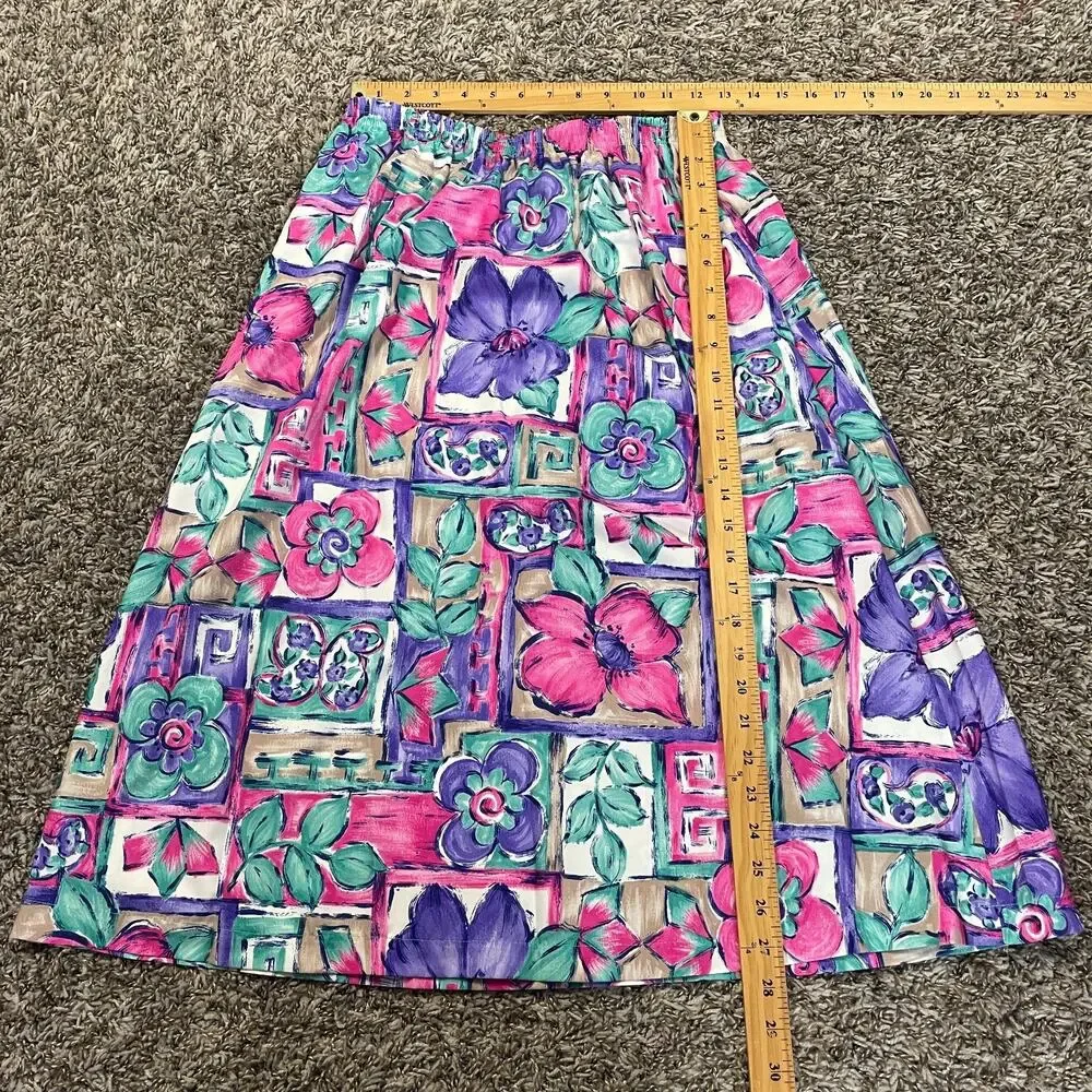Vintage Midi Skirt Size Medium Pink Purple Floral Boho A Line Pull On Retro 90s